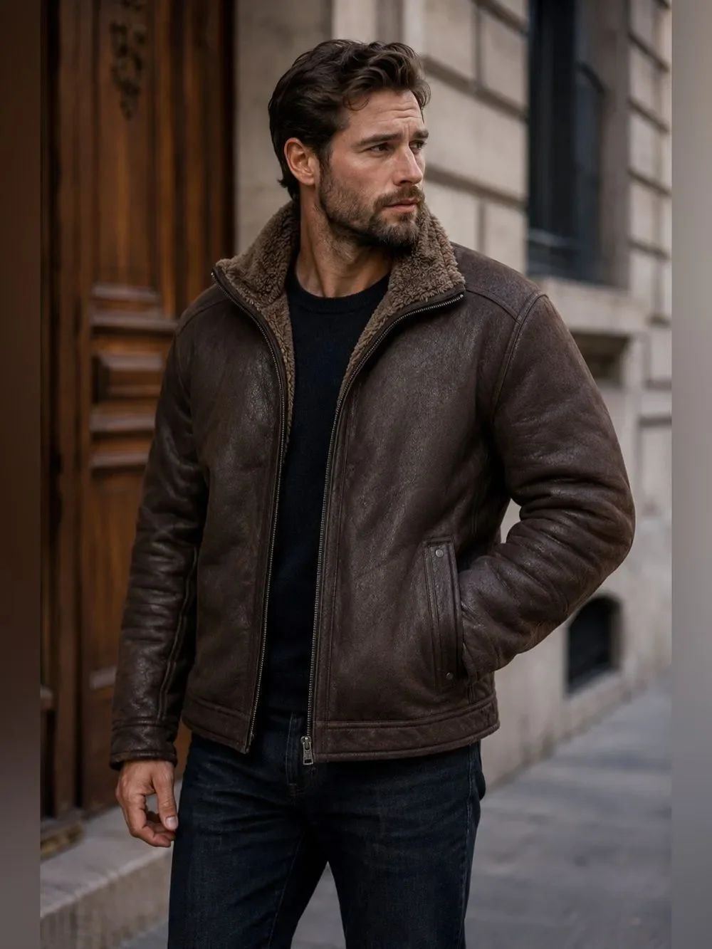 Stones men aviator winter jacket coat brown size 52 Faux Fur